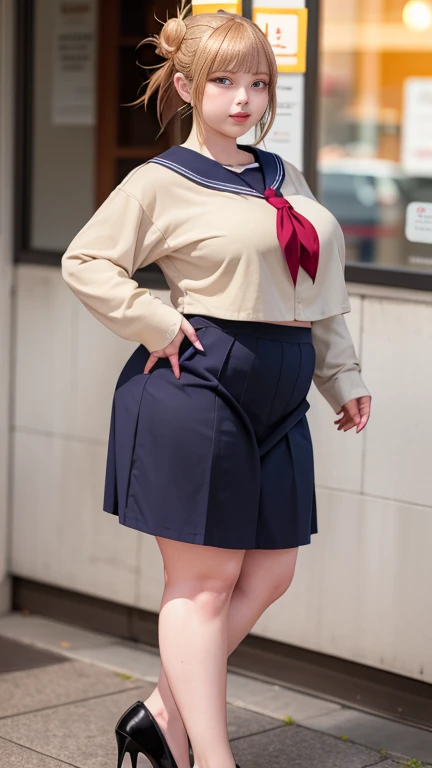 Big Breasts, Big Hips, Full Body Shot, Mature mother, Voluptuous thighs, A cow, Seductive mature woman, Perfect body, Plus Size Model, Sailor suit, Wearing high heels,Miniskirt Uniform, Chunli,