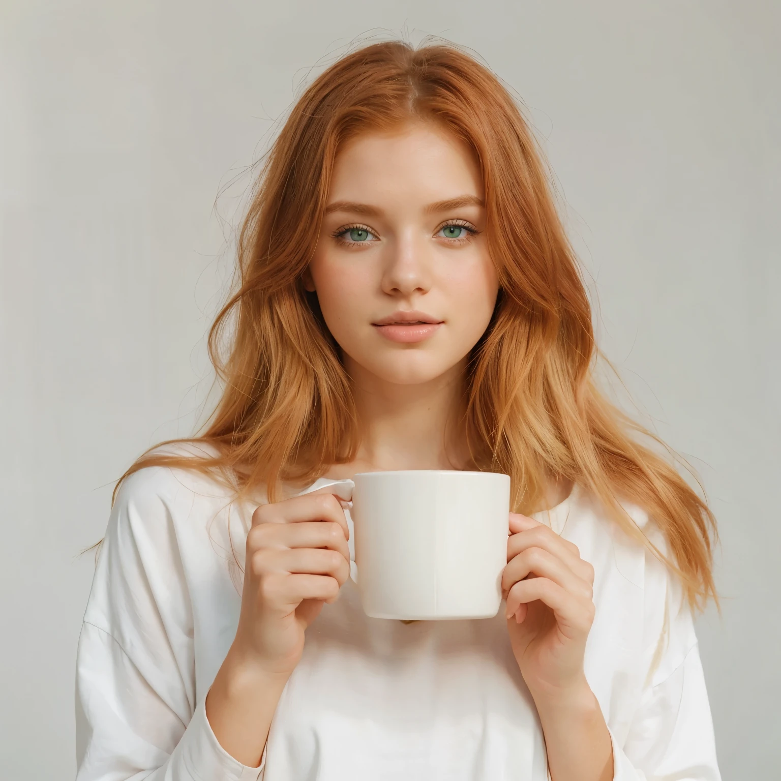 beautiful redhead girl,gorgeous,green eyes,palm tree background,illustration,pastel colors,soft lighting