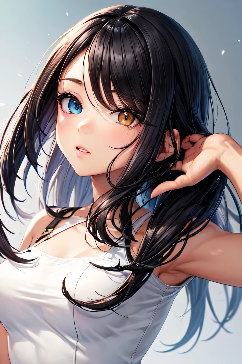 Crie uma personagem que tem cabelos preto e olhos heterocromia