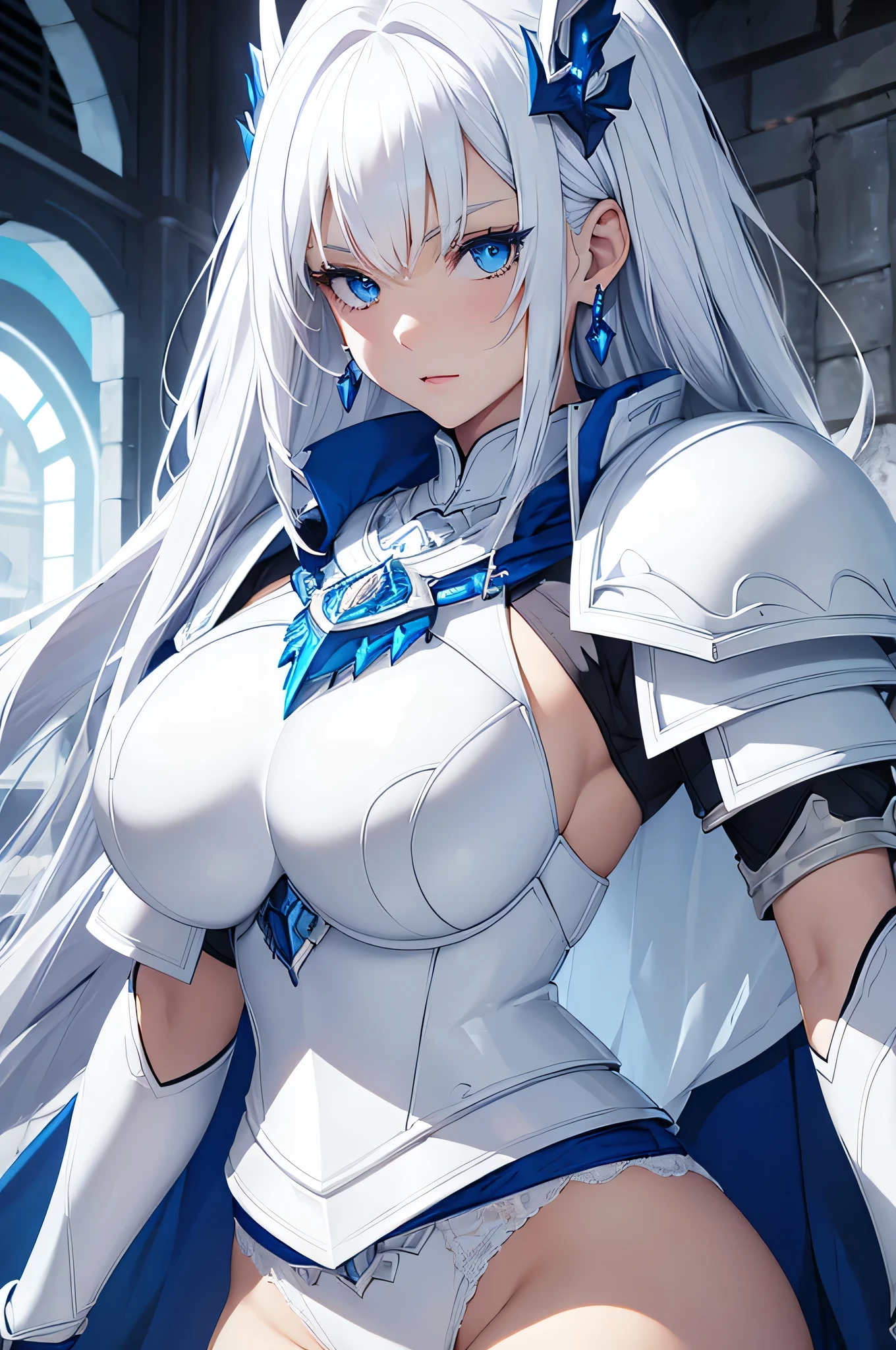 beautiful girl, White Hair, Blue eyes, ((White armor like underwear:1.4))、 Big Breasts、Blue Cape、Blue Necklace、In close range、Blue earrings、Emphasize the chest、Big blue sword