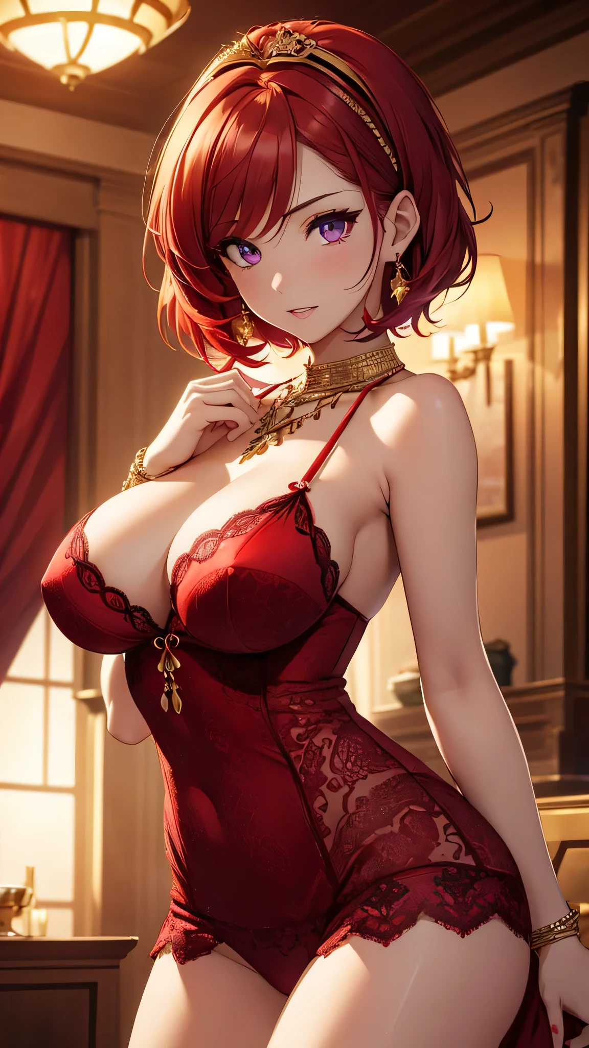 Highest quality、highest quality、Highest Resolution、beautiful girl, Bright red hair,Short Hair、Big Tits、Hair clip, Detailed purple eyes, A gorgeous red dress that looks like underwear,Firm breasts,Gold Necklace、Golden earrings、In close range、Sexy look、Poses that accentuate the chest、black headband