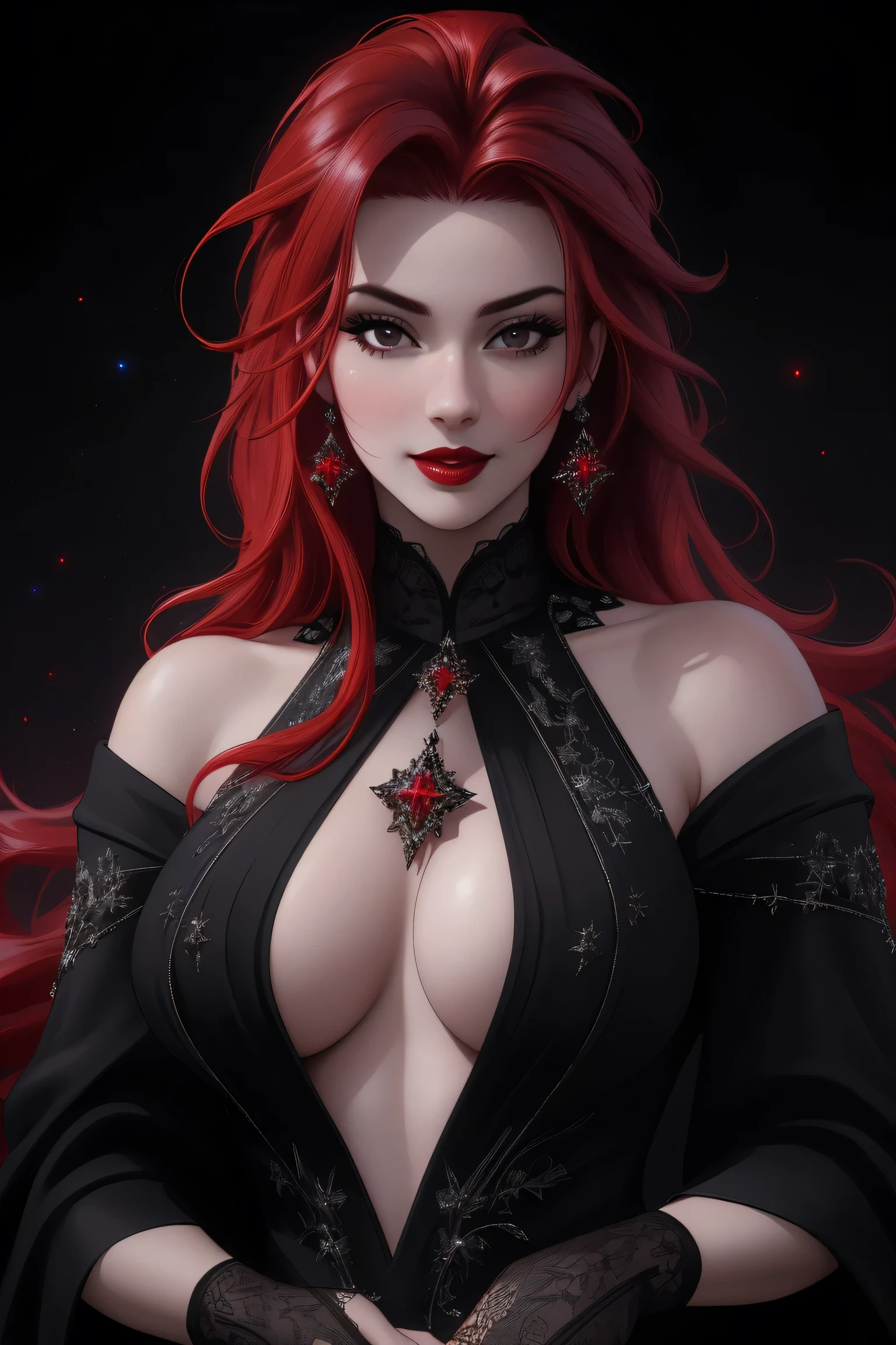 (Masterpiece - Ultra-Detailed, High Resolution)  ((vivid red hair)), mature woman, 30 years old, diamond face, red starry sky background, depth of field, magic, big red lips, ((dark and black eyes)) black and red long and full dress, covered chest, mystical atmosphere, ominous shadows, Intense blue aura, Intense red aura (best quality:1.2), absurdres, intricate details, (highly detailed skin:1.2), smile expression, posing, taut and well defined body, attractive. Highly realistic, white skin, beautiful, hyperrealism, skin very elaborated, direct gaze.