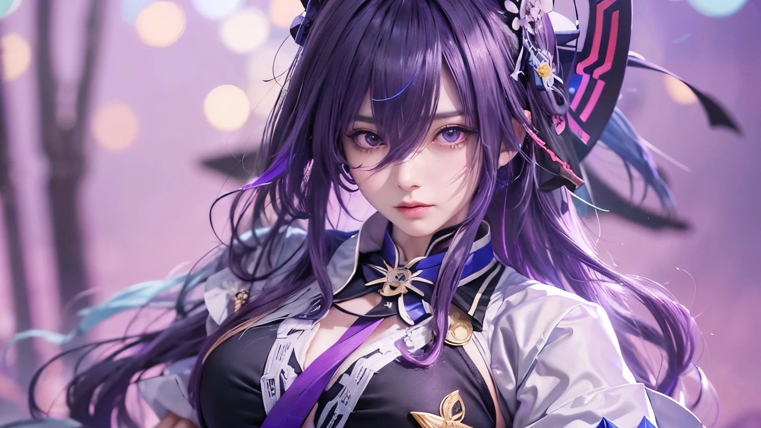 raiden shogun in a short skirt and blouse posing for a picture, anime girl in real life, sakimichan, anime style like fate/stay night, anime inspired, ((raiden shogun genshin impact,dark purple hair)), astral witch clothes, anime style mixed with fujifilm, ”beautiful anime woman, wearing fantasy formal clothing, girls frontline style
