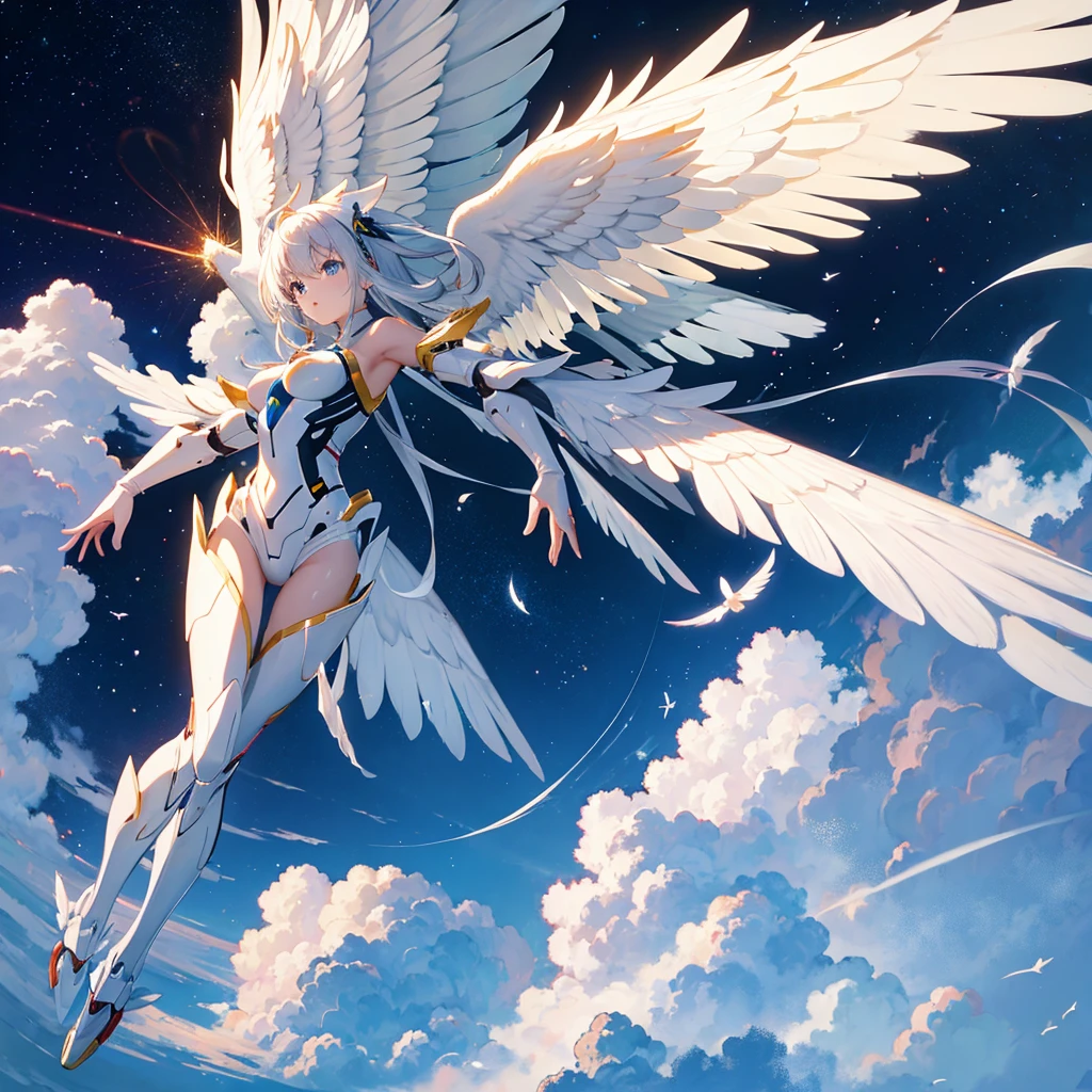 Giant robot、Angel Wings、Light effect on the wings、White fuselage、Spread your arms