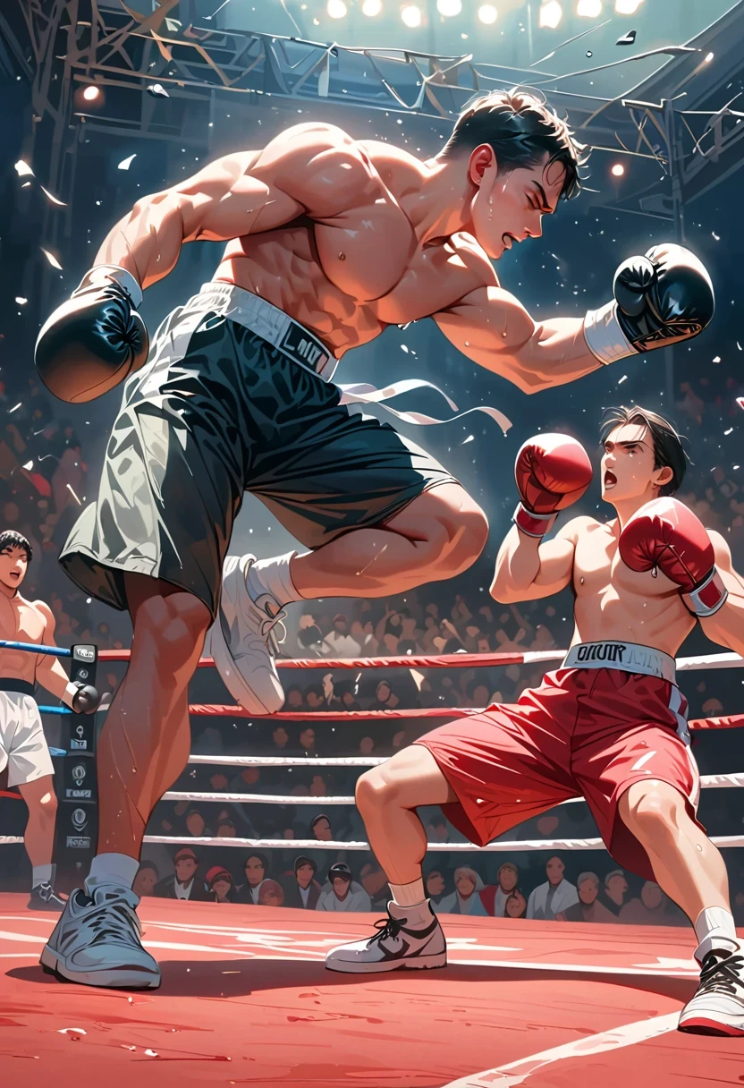 A boxing match, professional fighters, intense action, powerful punches, adrenaline-filled atmosphere, sweat and blood, intense focus, dramatic poses, dynamic movements, boxing ring, crowd cheering, boxing gloves, knockout punches, determination and resilience, boxing championship, championship belt, corner man giving instructions, referee maintaining order, fast-paced rounds, victory celebration, high-energy sport, competitive spirit, boxing techniques, precision footwork, defensive maneuvers, knockout blow, explosive power, boxing legends, boxing history, classic boxing match, iconic moments, black-and-white photography, dramatic lighting, gritty atmosphere, intense emotions, roaring crowd, glory and defeat, physical strength, mental toughness, sportsmanship, sportsmanship, strategy and tactics, professional athletes, peak physical condition, sports rivalry, dedication and discipline, explosive energy, flurry of punches. (best quality, highres, ultra-detailed), (realistic,photorealistic), vibrant colors, dynamic composition, dramatic shadows and highlights, energetic brushstrokes, captivating artwork.