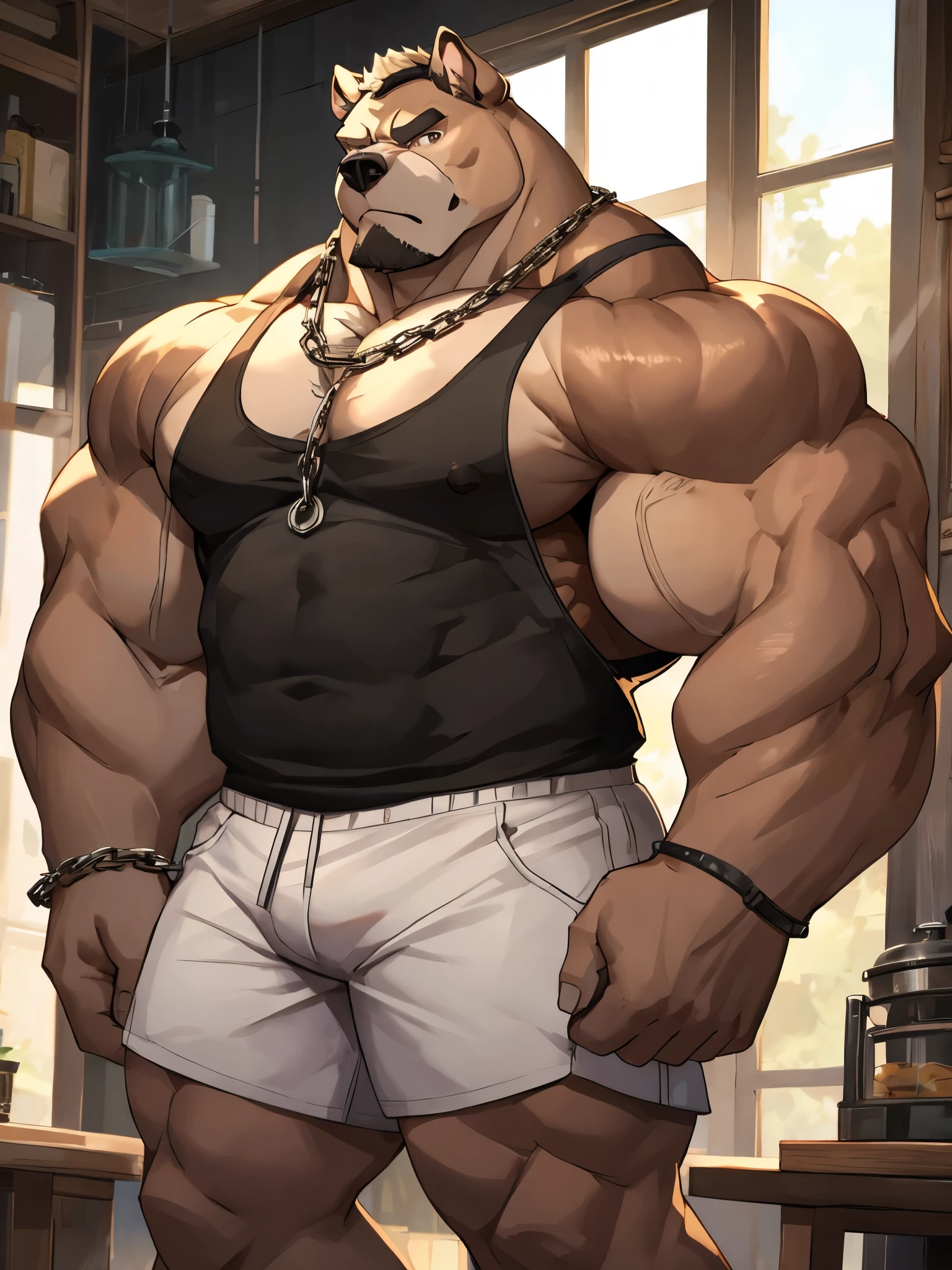  One tall bulldog with big muscular body with white shorts and a big chain on his neck, tanktop