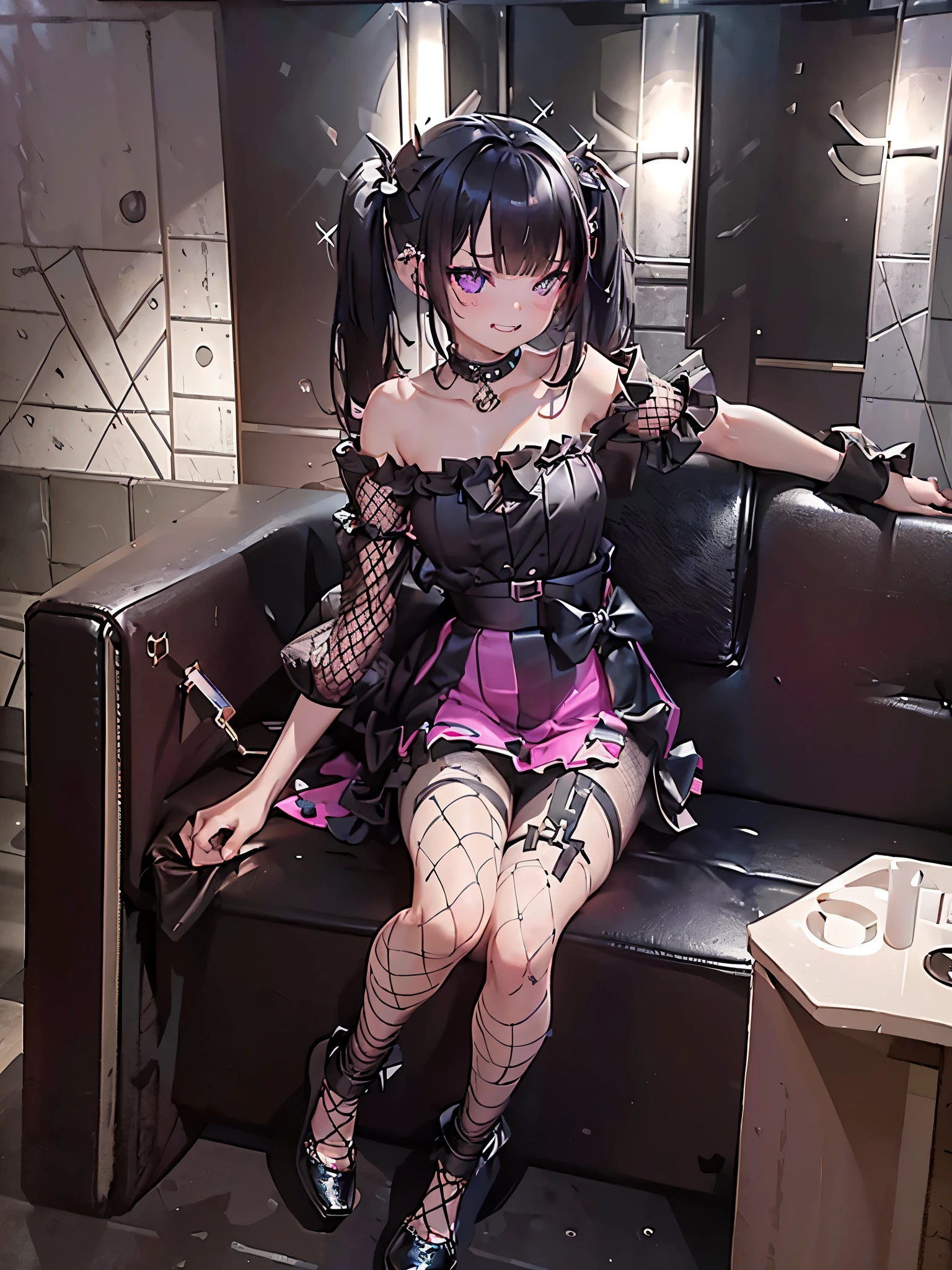 (8k、Top image quality、top-quality、Accurate human body、Detailed people、Correct five-finger、4K - ultra-vivid、highest quality, masterpiece, Ultra-high resolution, Detailed Background、The perfect background、
(View from the side:1.5),
Oily skin, Sparkling Skin、Realistic skin texture、Detailed beautiful skin、Shiny skin、Glowing Skin,
masterpiece)、
Black hair in twin tails、short hair、Wavy Hair、Blunt bangs、Purple eyes、Expressionless、Piercing modest chest、Pink frilly outfit、Off-the-shoulder strapless、Black mini skirt、((Fishnet tights))、Platform leather shoes、bewitching female brat、
(((Dim lighting)),(Sit on a big Velvet leather sofa、She looked up as if she was sticking close to me.、Night round:1.2, lounge girl:1.3, Sit right next to me:1.3, POV:1.2, drink alcohol)、(A sweet, ecstatic face:1.5)