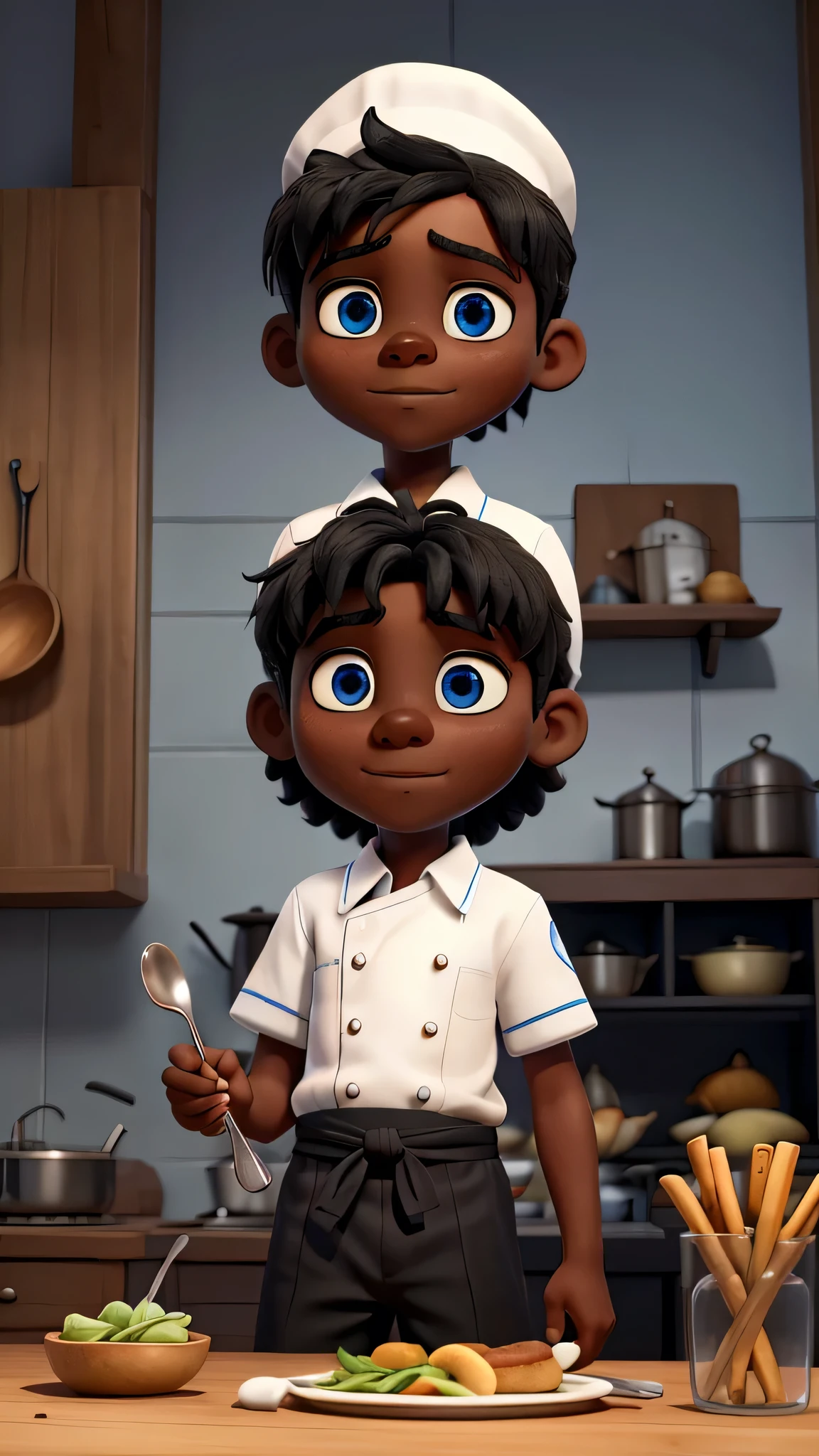 Image of just one black  with “blue eyes” aged between 10 and 11 years old, wearing a chef's hat, holding a fork and a spoon, the boy must appear completely in the image, and with an expression of someone who is hungry looking for very tasty food
