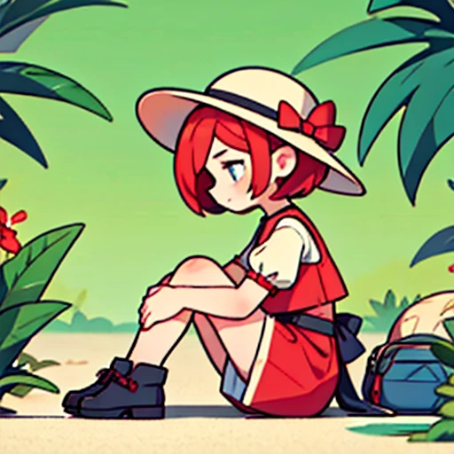 My character is sitting holding her knees in profile on the floor observing she has short red hair in a summer outfit and observing and make the color palette harmonious she has a peasant hat