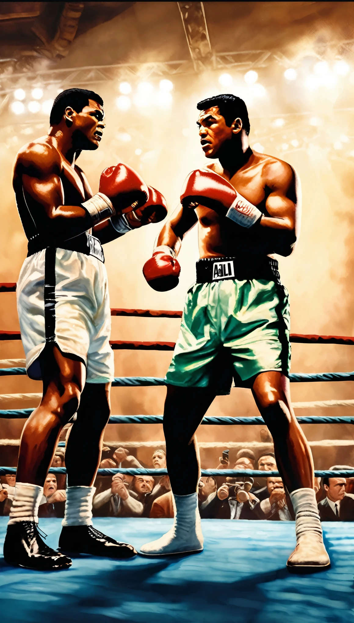 (best quality,4k,8k,highres,masterpiece:1.2),ultra-detailed,(realistic,photorealistic,photo-realistic:1.37),Mohammad Ali,boxing match,standing,knocked,Sonny Liston,ring mat,1965