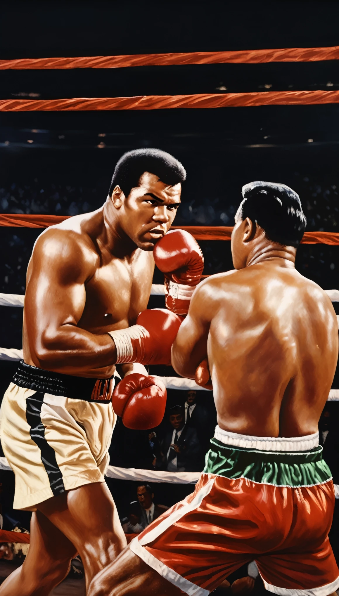 (best quality,4k,8k,highres,masterpiece:1.2),ultra-detailed,(realistic,photorealistic,photo-realistic:1.37),a realistic image of Mohammad Ali standing over Sonny Liston, who has just been knocked to the ring mat during a boxing match in 1965.