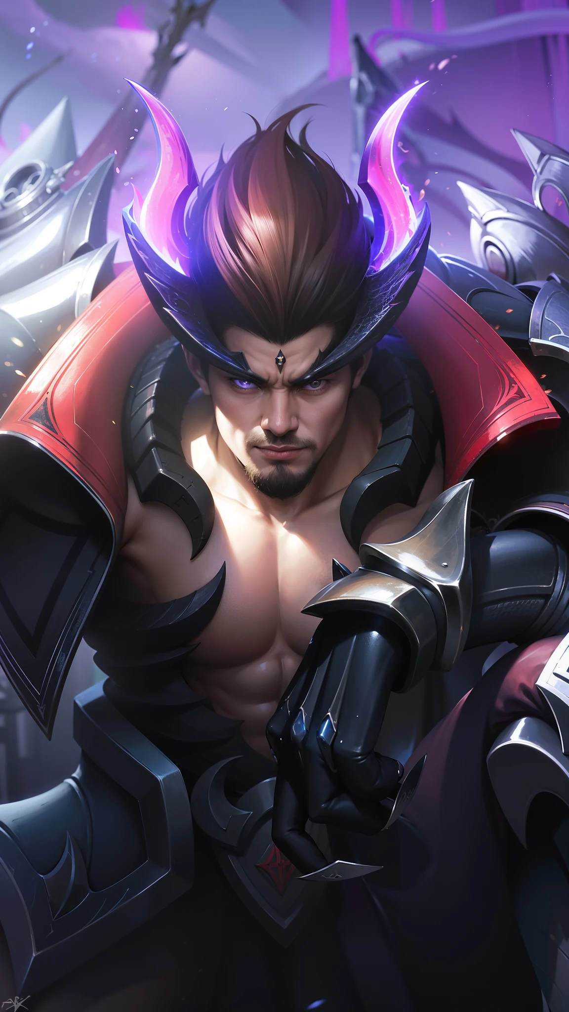 a close up of a man with a sword and a helmet on, sylas, heise jinyao, official splash art, inspired by Huang Shen, splash art, leblanc, inspired by Li Kan, league of legends character, artgrem, portrait of hades, iconic character splash art, character splash art, league of legends champion, darius puia