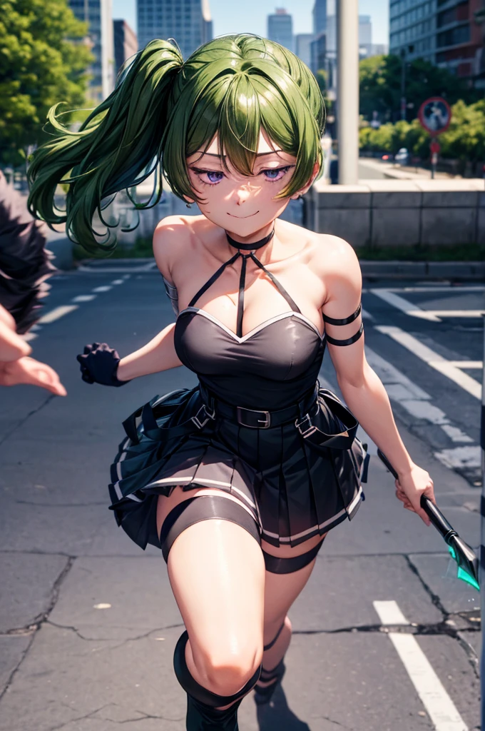 ubel,core_9, score_8_superior, score_7_superior, score_6_superior, score_5_superior, score_4_superior, sauce_anime, screenshot, Uber, 1 girl, Green Hair, bangs, Hair between the eyes, Side Ponytail, Purple eyes , Black Choker, clavicle, No sleeve , Black Dress, No sleeve dress, Halter neck, Pleated skirt, Black gloves, smile, Half-closed eyes, whole body, Angry face, Monster fighting scene, Have a magic wand