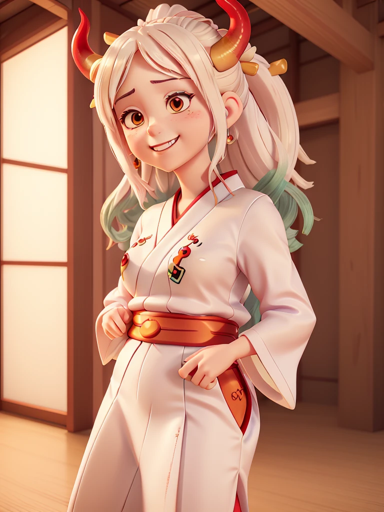 Blonde woman in Red kimono with horns and white shirt, anime girl cosplay, Japanese goddess, ayaka cosplay, perfect white haired girl, Charming anime girl, Anime girls in real life, anime cosplay, in kimono, Tifa Lockhart white hair, Beautiful, charming anime women, cosplay, Shot with canon eos r6, white haired god, Close-up Yamato smiling cutely. Beautiful forest floor.