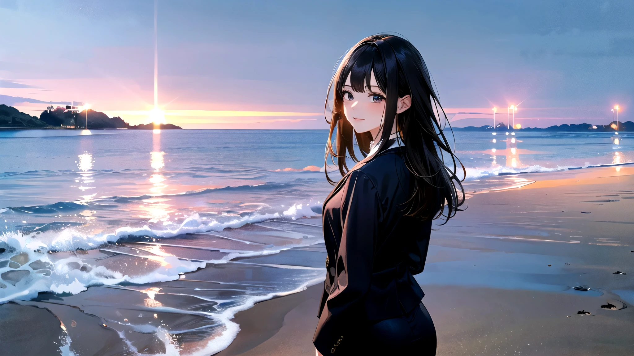 ((Rear view))、Are standing、From the back、whole body、1 female、30 years old、View from the beach、Medium Hair、office lady、suit、Sea of night, highest quality, High resolution, Detailed Background, (With no one behind:1.3)、masterpiece