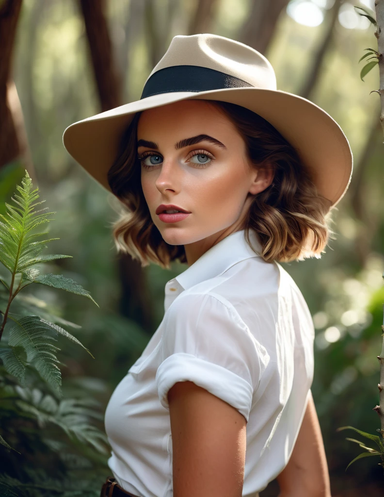 NadT1lTTXV1A, a 20 yo fit, athletic, smart and beautiful woman [Elizabeth Taylor:Maude Adams:0.45] posing for masterpiece photo, wearing a hat and a white shirt in a forest area with trees in the background and a bush, (safari setting:1.3), (Hasselblad X1D II Digital), (professional photo shooting), (model pose), (highly detailed facial features), (perfect color grading), (natural light), (high quality photography), (intricate details), (8k), (HDR), (sharp focus), (medium view:1.2)