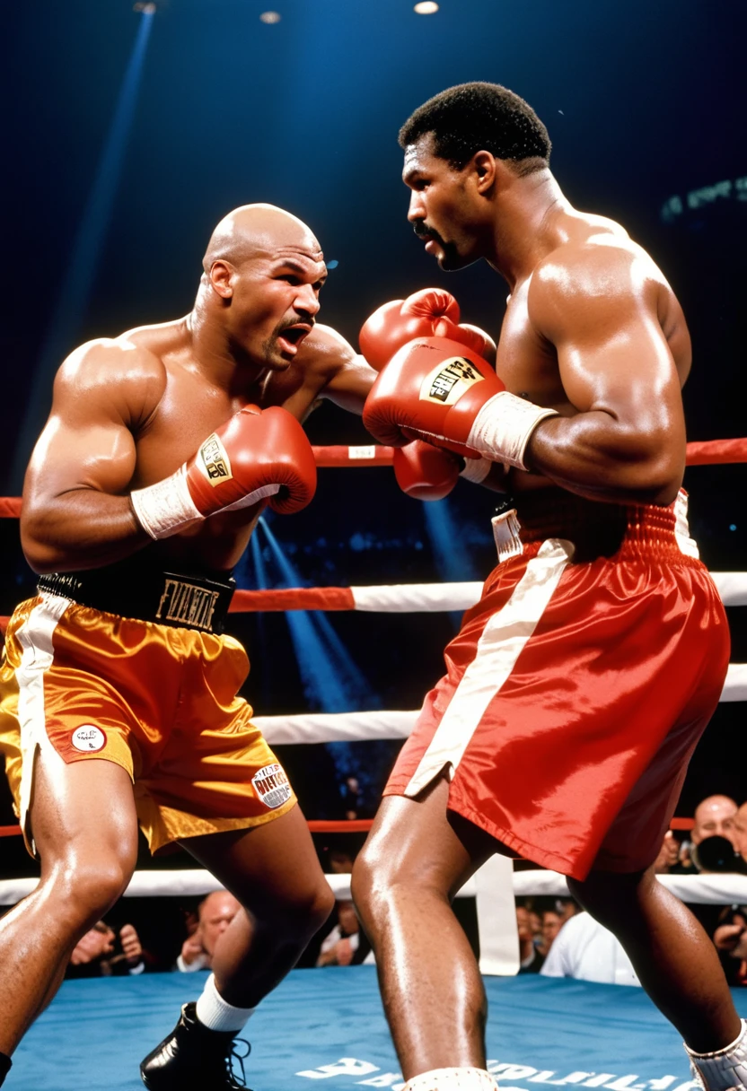 Mike tyson versus Evander Holyfield, box,match, realistic, dynamic, high-energy, intense fight, powerful punches, sweat flying, adrenaline rush, boxer's physique, focused eyes, determined expressions, fierce competition, knockout potential, boxing ring, cheering crowd, championship belts, referee, boxing gloves, intense rivalries, sportsmanship, live broadcast, historic rematch, iconic fighters, unforgettable moment, boxing legends, fast-paced action, explosive power, sportsmanship, victory celebration, respect between opponents, unforgettable battle, global audience, anticipation, intense training, blood, sweat, and tears, discipline and dedication, memorable clash, boxing history.