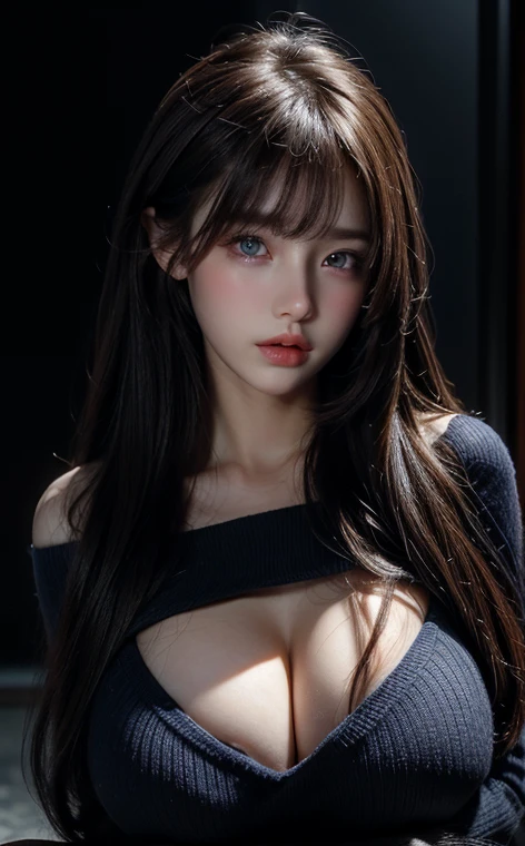 best quality, masterpiece,, Delicate skin, Be focused, Movie Lighting, soft light ,  Feel free to hairstyle, Ultra-fine face, Delicate eyes, Smooth skin, Bangs, Big  , Cleaosed, blue eyes, ((Dark background)), Looking at the audience, Off-shoulder, Black Sweater, Pointed face, Open Mouse, long bang,
