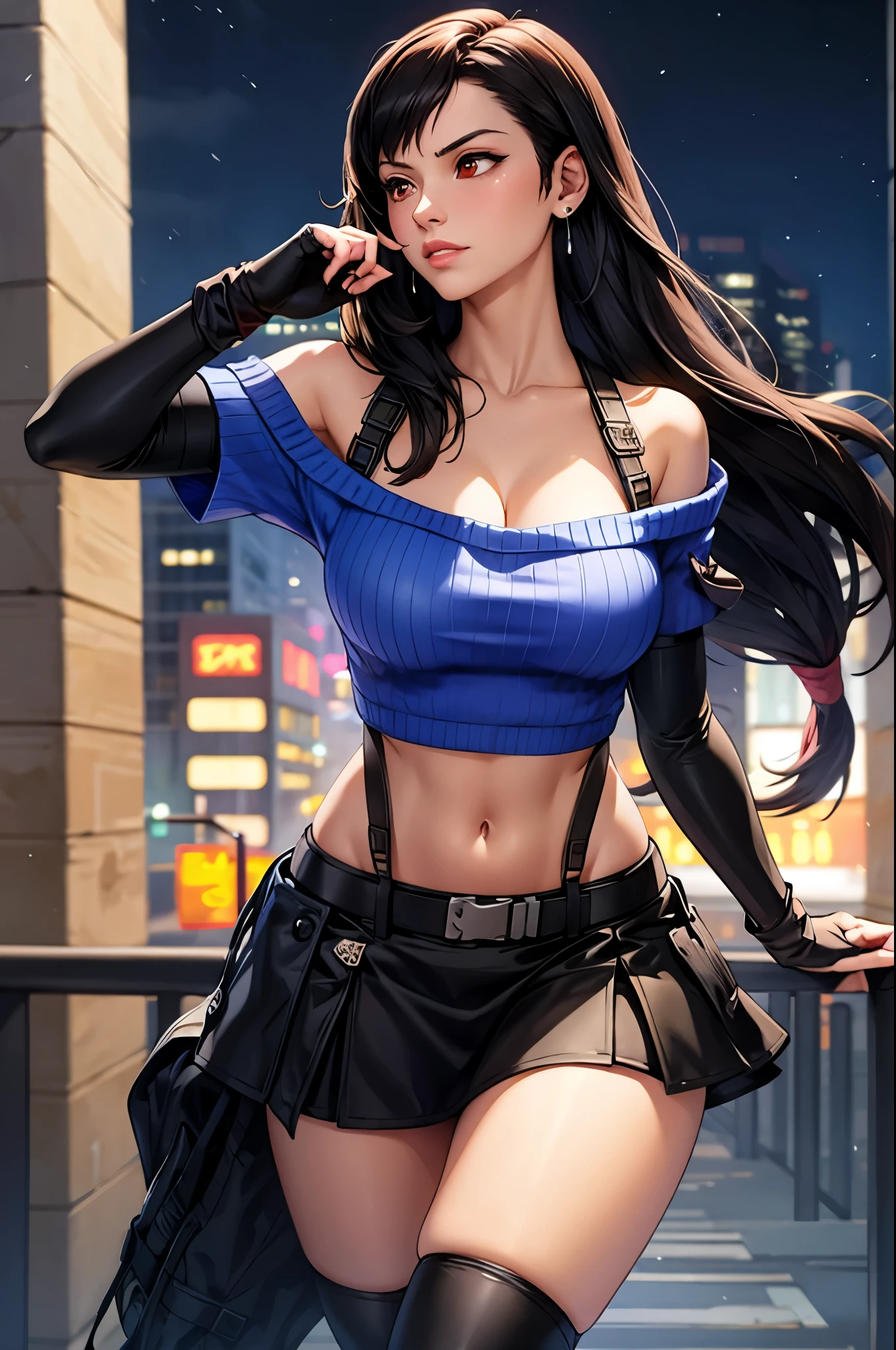 perfect eyes:1.2, detailed eyes:1.4, metTifa, closed mouth, fight pose, angry, navel, large breasts, red eyes, low-tied long hair:1.2, earrings, cropped sweater, blue sweater, off-shoulder, short sleeves, suspender skirt, elbow gloves, armored legwear, night, city, cowboy shot, 1girl, solo, (masterpiece:1.6, best quality),
