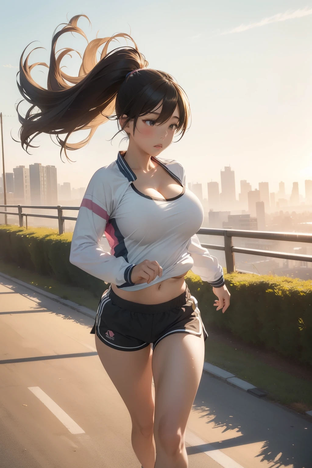 (masterpiece, best quality, photorealistic, cinematic), 1 girl, (Japanese girl), (wide shot, from the front), (bursting breasts, large cleavage, plumpy and glossy breasts:1.2), long round legs, solo, running, Gray Track Top, pink shorts, ponytail, athletic build, dynamic brushstrokes, fluid movement, capturing the essence of her athleticism and energy, using light colors and soft tones to create a dreamy and ethereal atmosphere, portraying the motion and grace of running, showing the wind blowing her gold ponytail and clothes, and the scenery of her surroundings. outdoors, detailed background, Modern metropolis,