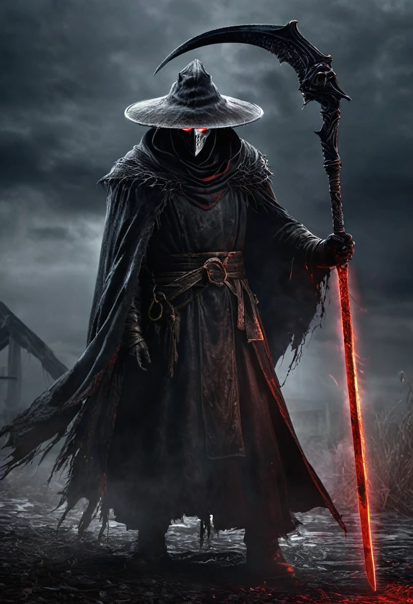 best quality,4k,8k,highres,masterpiece:1.2,ultra-detailed,realistic(boss:1.1),dark souls,portrait,farmer,grim reaper,menacing,dark atmosphere,smoky background,shadowy figure,breathtaking,ominous lighting,weathered farmer,weathered hat and coat,scythe,glowing red eyes,eerie,haunting,foreboding landscape,overwhelming power,menacing presence,determination,strength,stubbornness,creepy,evil,terrifying,formidable enemy,adrenaline rush,sinister aura,despair,lethal,unpredictable attacks,master of the game(phantom),intimidation,undead,unyielding,resilient,reaper of souls,unforgiving,dark magic,horrifyingly detailed face,unforgettable boss battle,grim and unforgiving challenge.