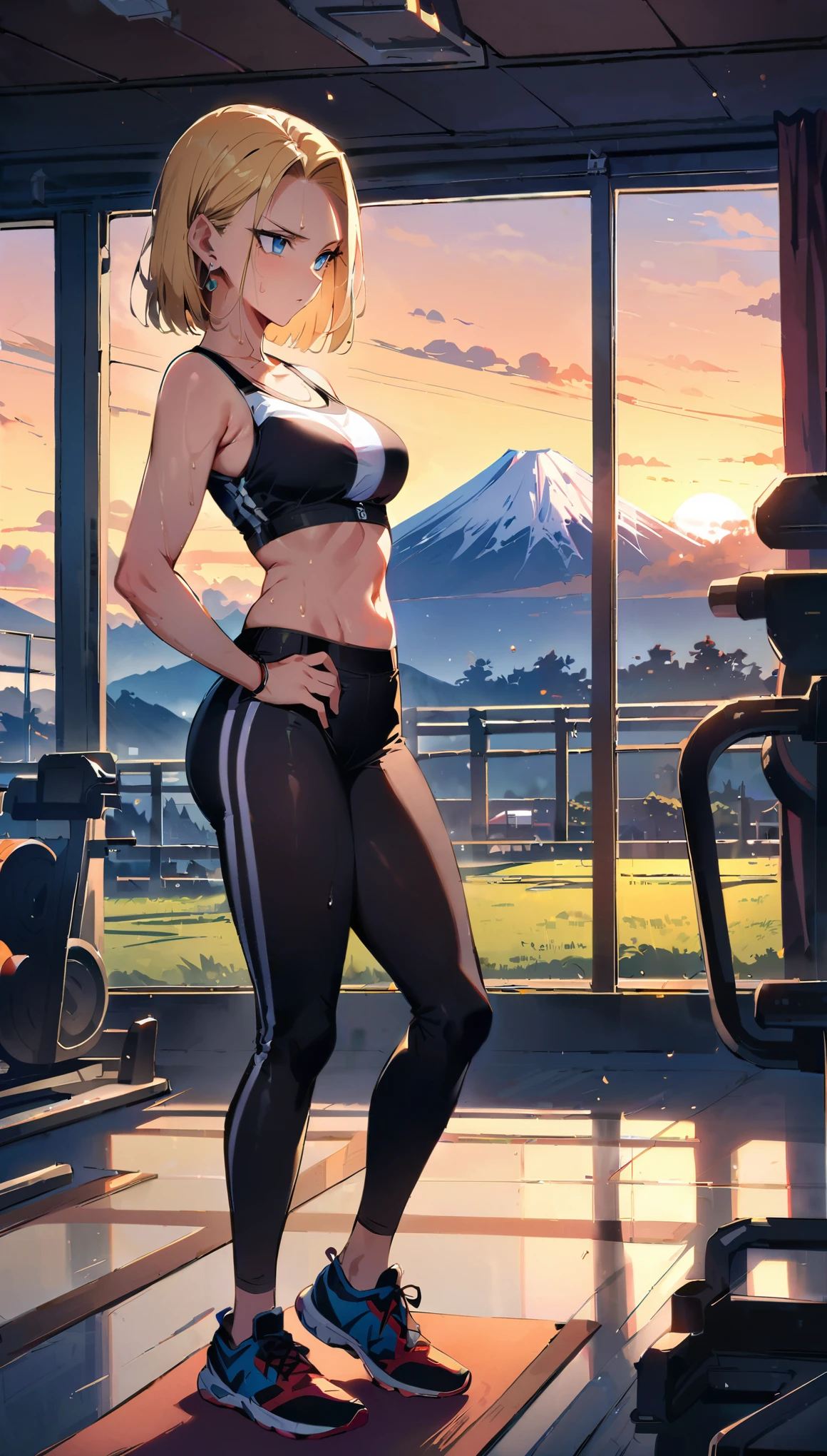 (masterpiece, best quality:1.2), frontal full body shot, Android 18 from Dragon Ball, working out in a gym, wearing a (training wear, e.g. sports bra and leggings), (white over-ear headphones must be worn), short blonde hair pulled back with strands sticking to her sweaty forehead, blue eyes, earrings on earlobes, sweating from exercise, slender feminine figure, narrow waistline, inside a gym with equipment visible, large window showing Mount Fuji and sun in the distance, 4K