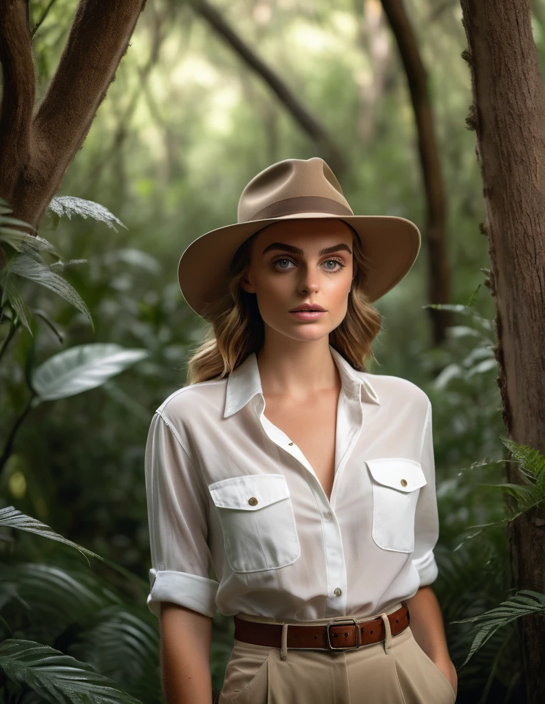 NadT1lTTXV1A, a 20 yo fit and beautiful woman [Gal Gadot:Maude Adams:0.45] posing for masterpiece photo, wearing a hat and a white shirt in a forest area with trees in the background and a bush, (safari setting:1.3), (Hasselblad X1D II Digital), (professional photo shooting), (model pose), (highly detailed facial features), (perfect color grading), (natural light), (high quality photography), (intricate details), (8k), (HDR), (sharp focus), (medium view:1.2)