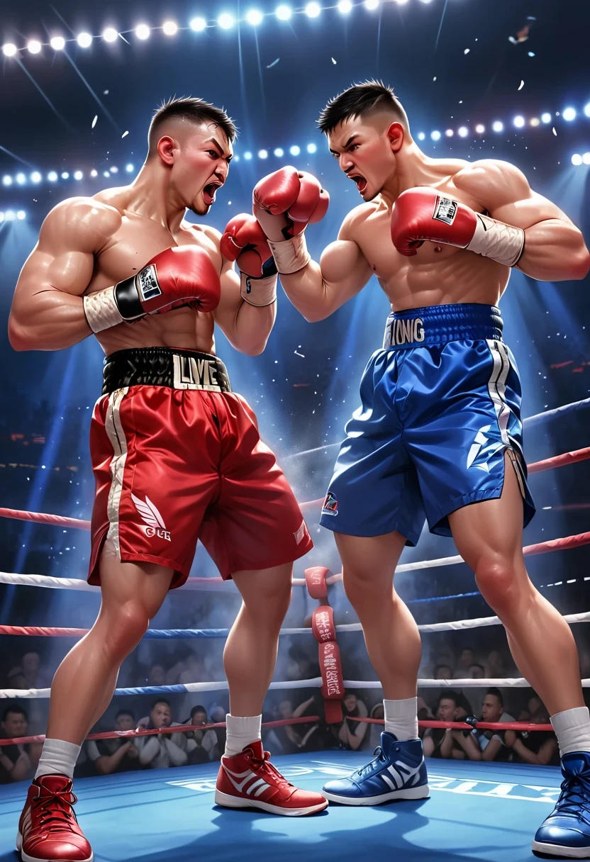 a boxing match,fighting sports,gloves,hit,,intense competition,strong punches,boxing ring,crowd cheering,adrenaline rush,boxing champions,boxing gloves hitting each other,powerful uppercut,boxing referee,boxing trainer,boxing technique,boxing strategy,knockout punch,victory celebration,boxing legend,boxing fans,boxing match live stream,blood,sweat,boxing shorts,boxing shoes,headgear,boxing bell,determination,noisy audience,bulging muscles,spectacular knockout,persistent training,boxing gym,boxing camera,captivating sportsmanship,boxing championship belt,boxing rivalry,boxing round,mouthguard,boxing weight class
