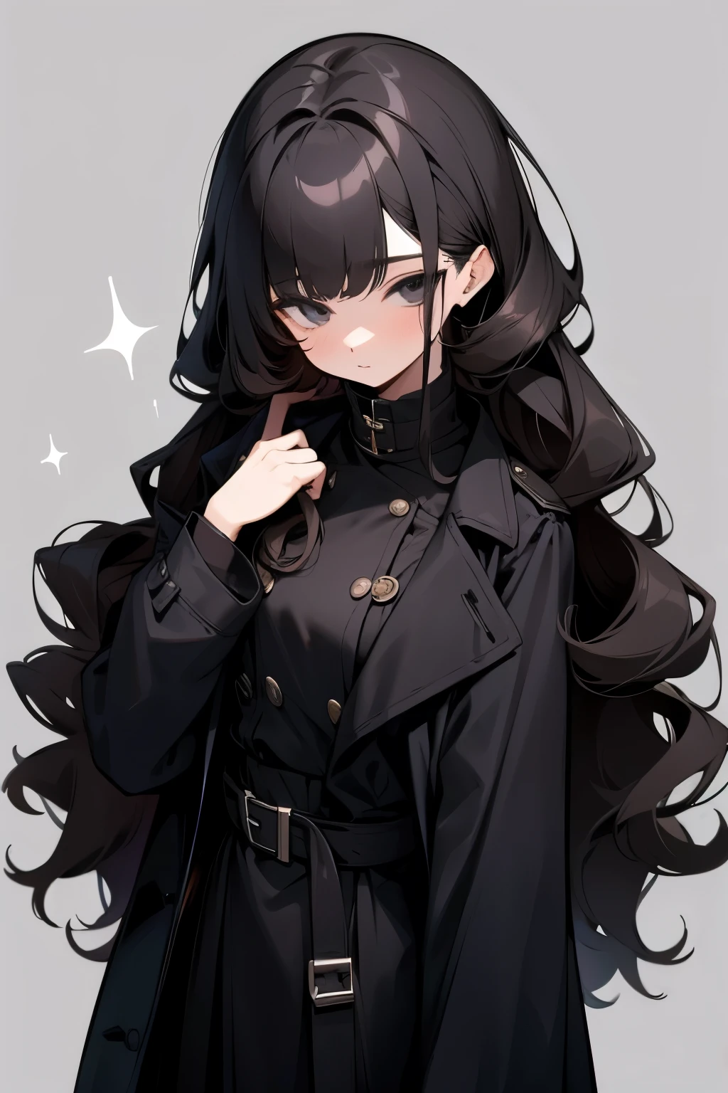 woman,24 years old,Career。Mature。Black trench coat,Black long skirt。flat chest。Black-brown hair color,Waist-length hair,Wave Curls。Black eyes。The cold eyes。