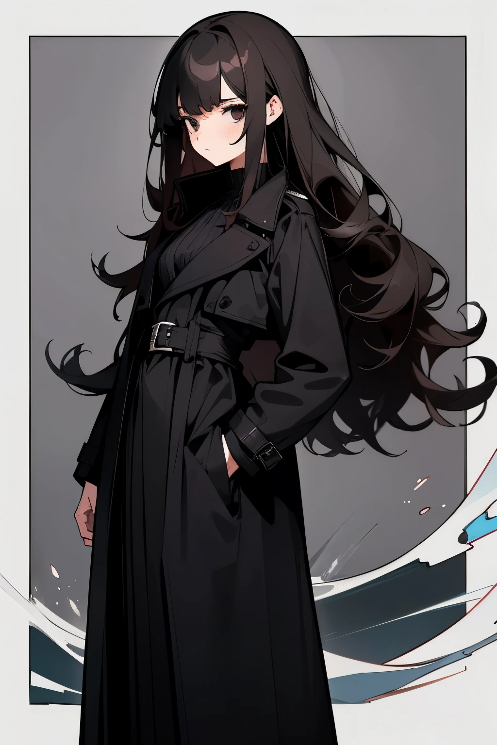 woman，24 years old，Career。Mature。Black trench coat，Black long skirt。flat chest。Black-brown hair color，Waist-length hair，Wave Curls。Black eyes。The cold eyes。