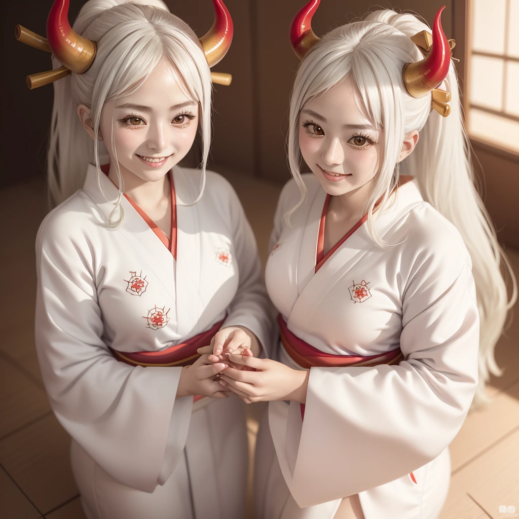 Blonde woman in Red kimono with horns and white shirt, anime girl cosplay, Japanese goddess, ayaka cosplay, perfect white haired girl, Charming anime girl, Anime girls in real life, anime cosplay, in kimono,  white hair, Beautiful, charming anime women, cosplay, Shot with canon eos r6, white haired god, Close-up Yamato smiling cutely. Beautiful forest floor.