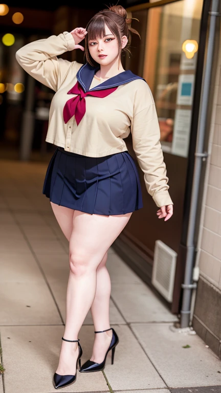 Big Breasts, Big Hips, Full Body Shot, Mature mother, Voluptuous thighs, A cow, Seductive mature woman, Perfect body, Plus Size Model, Sailor suit, Wearing high heels,Miniskirt Uniform, Chunli,