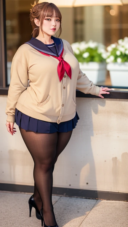 Big Breasts, Big Hips, Full Body Shot, Mature mother, Voluptuous thighs, A cow, Seductive mature woman, Perfect body, Plus Size Model, Sailor suit, Wearing high heels,Miniskirt Uniform, Chunli,