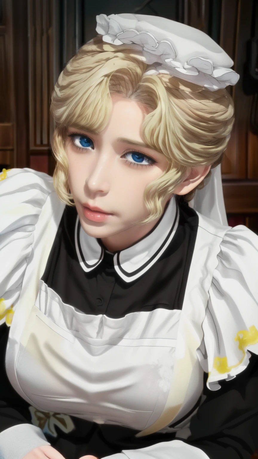 Maria_VM, solo, VIctorian_Maid_Uniform, (raw photo:1.2), ((photorealistic:1.4)), best quality, masterpiece, extremely detailed, 8k wallpaper, fine detail, best quality, extremely detailed 8k wallpaper, detailed face, detailed eyes, double eyelids, highres, (SFW), huge breasts, inside of a manor