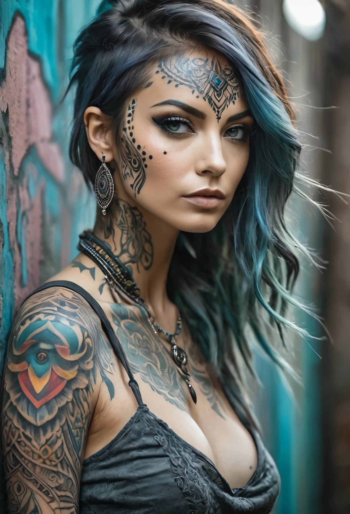 A beautiful woman, slender, tribal meets bohemian, tattoos, piercing, bohemian jewelry, modern, textured peeling wall in background, graphite, raw, gritty, dirty, mix of colors & materials, intricate, detailed, fashion photography, trending on artstation, sharp focus, studio photo, intricate details, highly detailed, photo realistic, cinematic, movie still, captured in the style of Sony Alpha A7 III camera