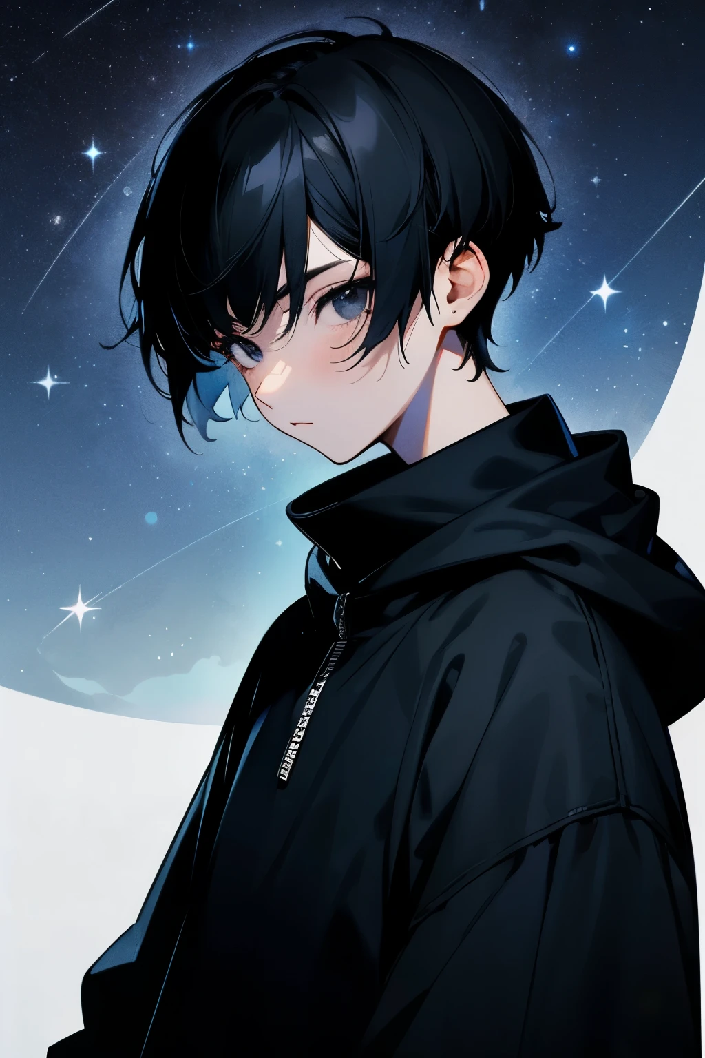 Black Hair,short hair,youth,Mature,Deep black eyes,gaze,Solid black sweatshirt,Starry Sky。Bleak