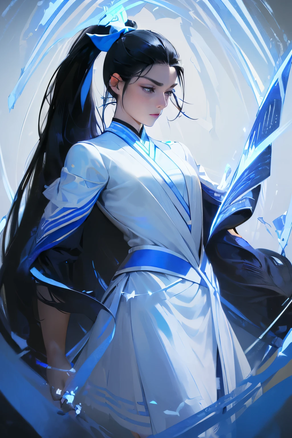 masterpiece, top quality, high resolution, Very detailed, Detailed background,(Lauren Chrome, (Black Hair, Semi-long hair, Ponytail Blue Ribbon),(White shirt, Blue short ribbon tie, Blue long skirt), small, Neat, black eyes,study, Gentle smile), Horizontal Scaling, Chic study room, vase