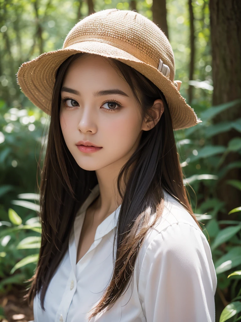 best qualtiy, masterpiece, (realistic:1.6), raw photograph, 1girl, portrait, view from front, deep shading, low tune, soft light, looking to the camera, sexy look, long brown all back hair, safari hat, back pack,
day outdoor, forest background, deers, lake,