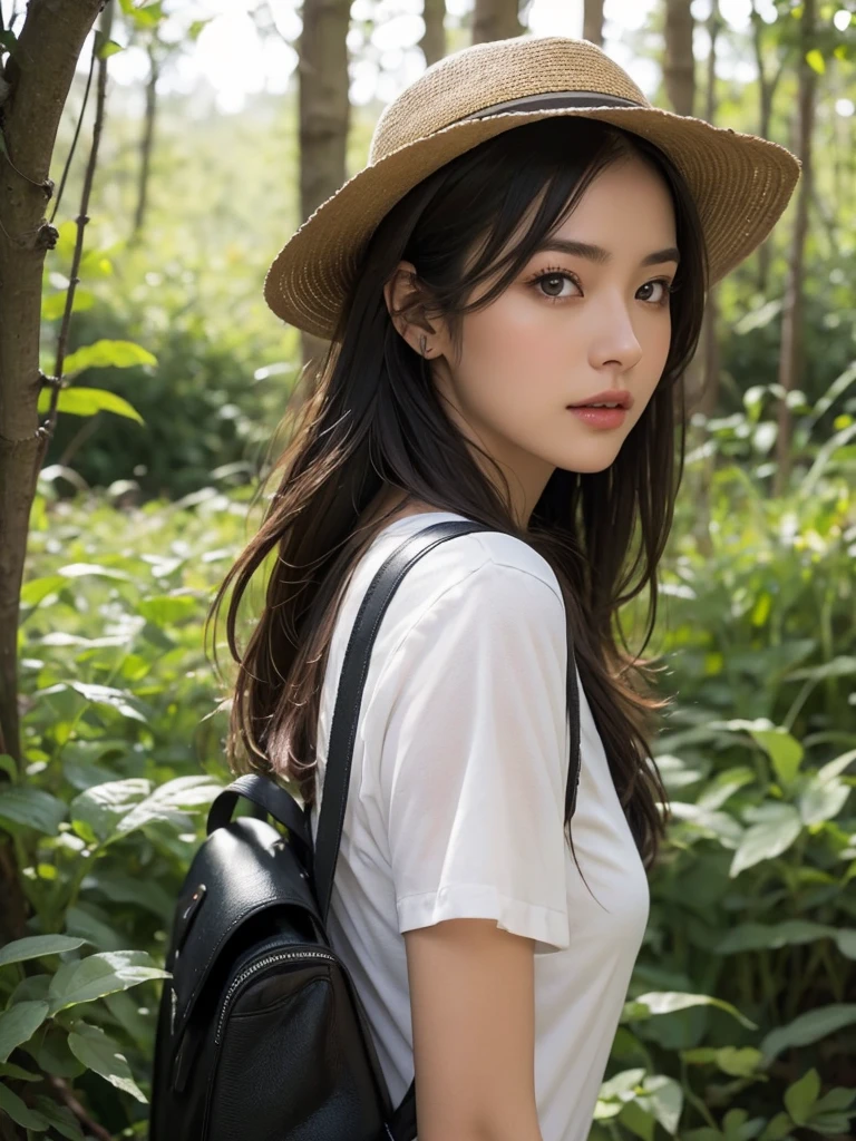 best qualtiy, masterpiece, (realistic:1.6), raw photograph, 1girl, portrait, view from front, deep shading, low tune, soft light, looking to the camera, sexy look, long brown all back hair, safari hat, back pack, 
day outdoor, forest background, deers, lake,

