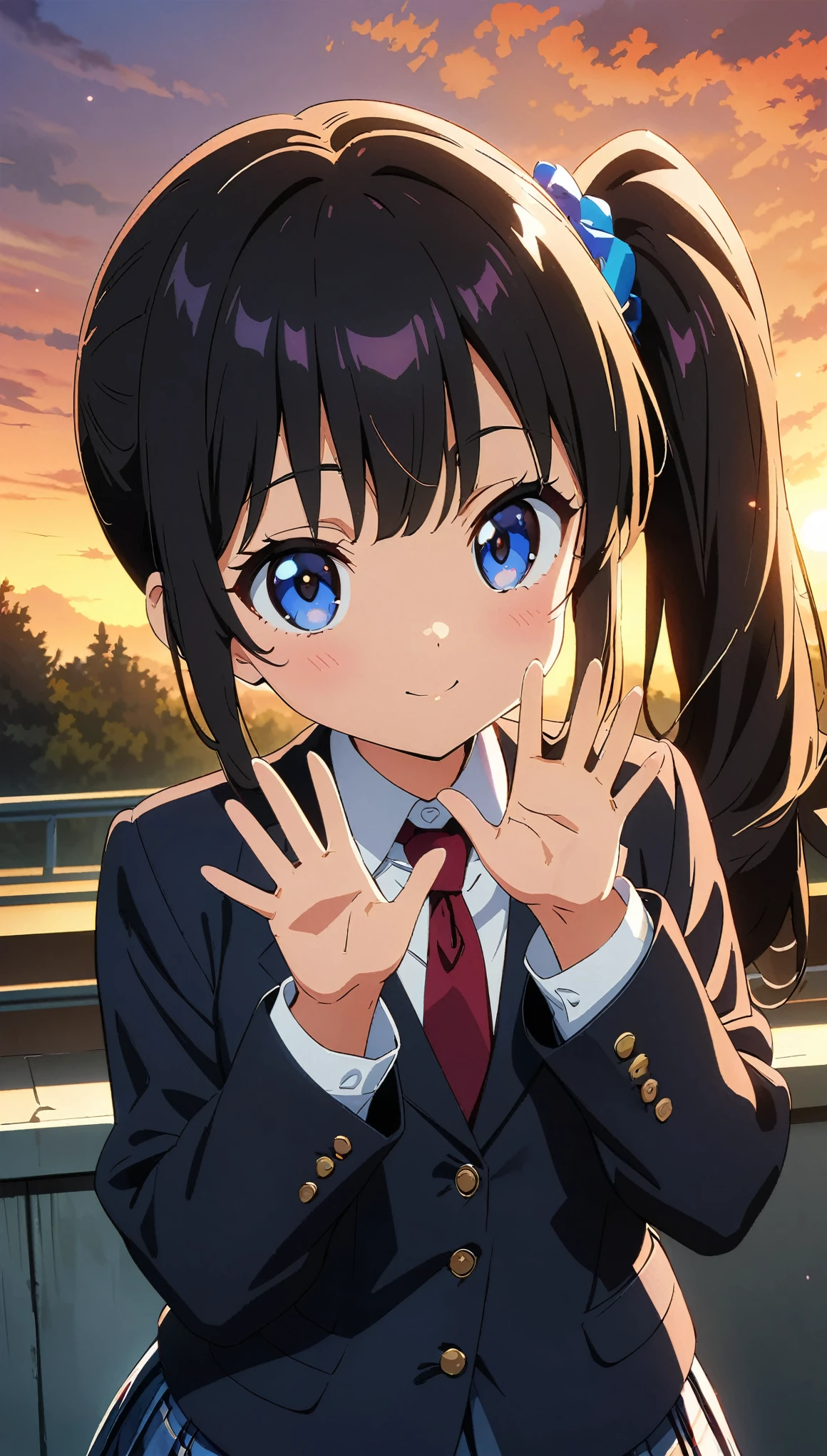 (highest quality:1.2, Anime artwork, Anime Style, Studio Anime, Very detailed, up to date, Vibrant, Anime Coloring, High Contrast, masterpiece:1.2, highest quality, Best aesthetics), blue plaid pleated skirt:1.5, Red tie:1.5, Black blazer, (Private School Uniforms), Beautiful thighs, Black knee-high socks, Side Ponytail, Perfect body line, Skin with attention to detail, cute, Detailed face, (((Open your hands and wave them:1.4, Random Pause))), at school, Accurate Fingers, evening, Illuminated by the setting sun, Soft lighting,