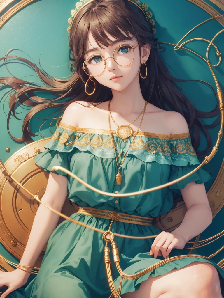 (Masterpiece, highest quality, super large resolution); (CG illustration); (a cute and cute girl); (sleepiness) (exhaustion); ((round-framed gold wire glasses)), (fashionable) (trendy); Rich colors, cyan, orange, yellow, green, cyan, blue, purple, fashion typography, magazine cover poster, hyper-detail, art, title, logo, label, badge, graphic design, detail post-processing, depth of field, high brightness, high saturation, more white space;