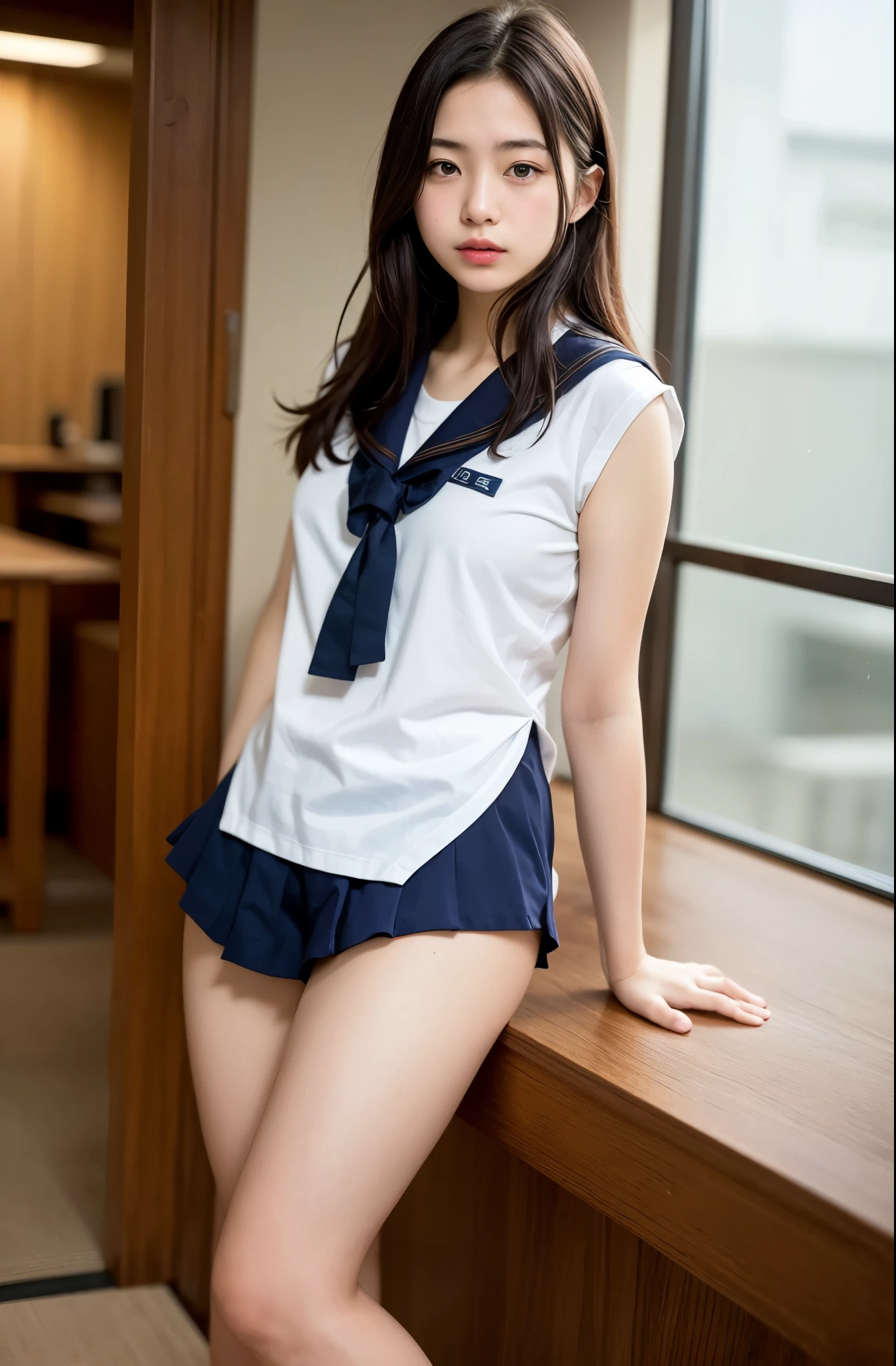 The top half of a traditional sailor suit、Japanese high school students、15 year old female, RAW shooting, (realism: 1.8, Realistic), High-definition CG integrated 8K wallpaper, One Girl, camera&#39;sight, ((Straight from the front))), (Headquarters Skin: 1.8, Glowing Skin))、Soft lighting, high quality, (whole body: 0.5) (Professional Lighting: 1.6), Japanese women, 足首からwhole bodyまで, Shooting from the feet up, height: 160cm, Weight 50kg, (((Her skirt is rolled up and her underwear is visible..)))、(((Her legs are open and her panties are visible:1.5)))、Tartan Skirt