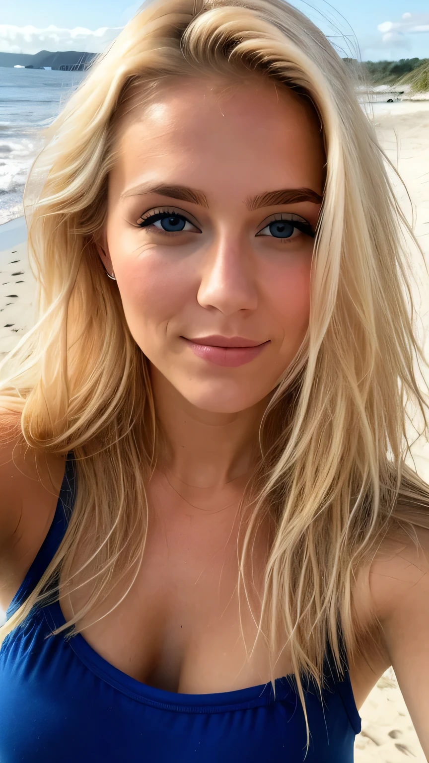 A 23-year-old blonde woman takes a selfie on the beach in the morning, wir sehen den Strand im Hintergrund, morning coffee, 50mm f/2.8, Blondes Haar mit hellbraunem Ansatz, blondes Haar, Haare mit braunen Wurzeln, sehr lange Haare, yeux bleus, belle femme, Vorderansicht, Nahaufnahme des Gesichts, Zoomen Sie auf das Gesicht, good quality, selfie, short depth of field