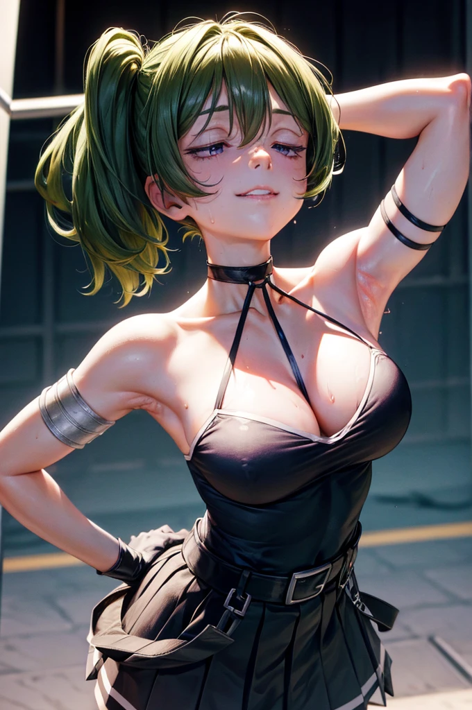 Bruises,core_9, score_8_Excellent, score_7_Excellent, score_6_Excellent, score_5_Excellent, score_4_Excellent, sauce_anime, screenshot, Uber, 1 girl, Green Hair, bangs, Hair between the eyes, Side Ponytail, Purple eyes , Black Choker, clavicle, Sleeveless , Black Dress, Sleeveless dress, Halter neck, Pleated skirt, Black gloves, smile, Half-closed eyes, whole body, Angry face, (highest quality, High resolution:1.2), High resolution, Studio Lighting, Ultra-fine painting, Sharp focus, Physically Based Rendering, Very detailed explanation, Portraiture, Curved body, Big Breasts, Perfect Shape, (((Show your armpits))), In-person audience, ((Armpit sweating)), nice, Raise the hand, Half-body photo, Browsing Caution