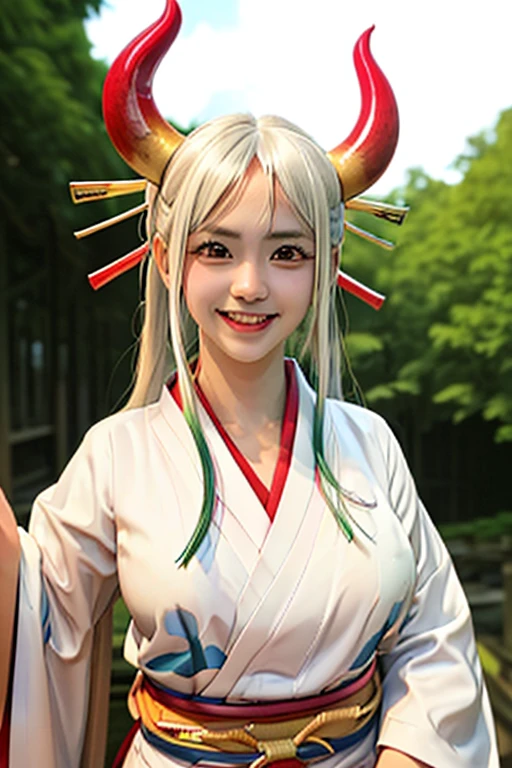 Blonde woman in Red kimono with horns and white shirt, anime girl cosplay, Japanese goddess, ayaka cosplay, perfect white haired girl, Charming anime girl, Anime girls in real life, anime cosplay, in kimono,  white hair, Beautiful, charming anime women, cosplay, Shot with canon eos r6, white haired god, Close-up Yamato smiling cutely. Beautiful forest floor. 