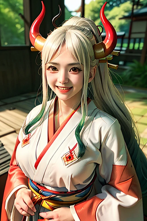 Blonde woman in Red kimono with horns and white shirt, anime girl cosplay, Japanese goddess, ayaka cosplay, perfect white haired girl, Charming anime girl, Anime girls in real life, anime cosplay, in kimono,  white hair, Beautiful, charming anime women, cosplay, Shot with canon eos r6, white haired god, Close-up Yamato smiling cutely. Beautiful forest floor. 