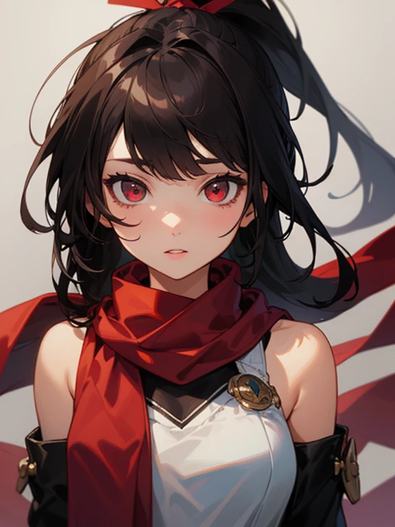 (masterpiece), best quality, expressive eyes, perfect face, 1girl, solo, red scarf, long hair, looking at viewer, upper body, parted lips, breasts, scarf, red eyes, bangs, bare shoulders, ponytail