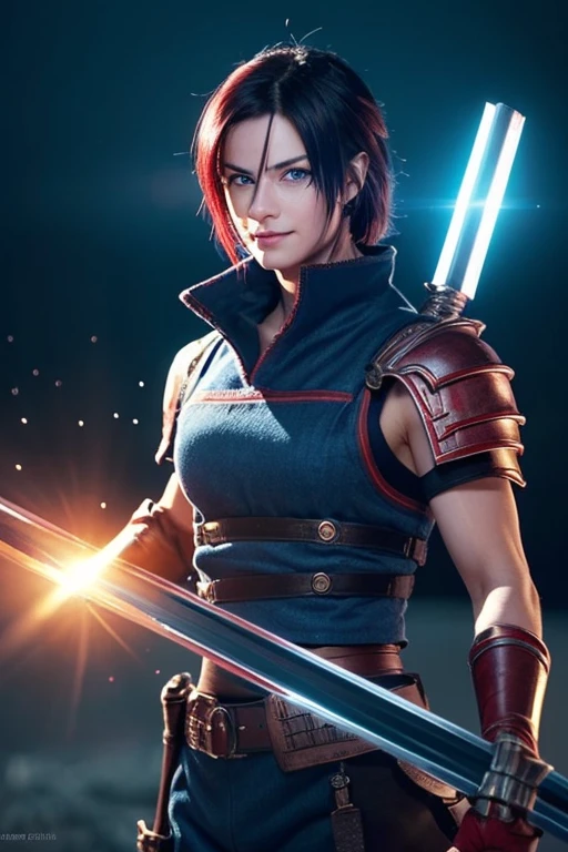 tough man (masterpiece),(ultra detailed:1.1),(solo:1.2),(blue eyes:1.3),(short and vibrant red hair),(round face), smile,(black swordsman costume), (black gloves:1.1),(red nose:0.5),(beautiful ultra-detailed eyes, highly detailed skin, bright and glowing skin:1,1), (fitness body),(night landscape fantasy:1.1),(Physical Rendering, Professional Lighting, Photon Mapping, Radiosity, Soft Light, Lens Reflection: 1.3), Tint Color,