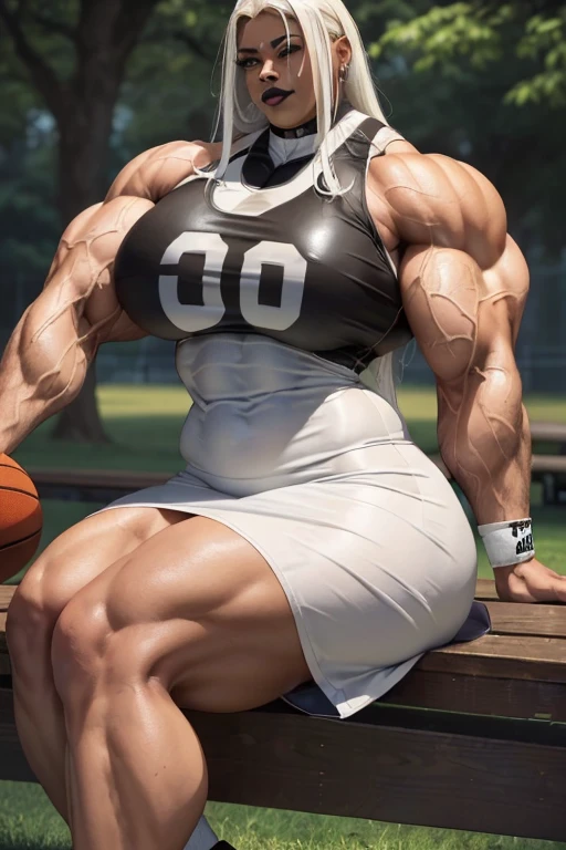 (((((Massive, tall, beautiful, light brown skinned, buff, muscular woman with white hair, black lipstick, ginormous bulky muscles, sitting on a bench and wearing a leather white basketball Jersey dress))))), (close view), (massive muscle), massive biceps, hyper muscle shoulders, vascular shoulders, hyper muscle triceps, (long straight hair), blue eyes, (wristbands), choker, sneakers, (in a outdoors park), confident smile, night, hyper vascular arm, hyper muscles arms, hyper muscle legs, massive arms.