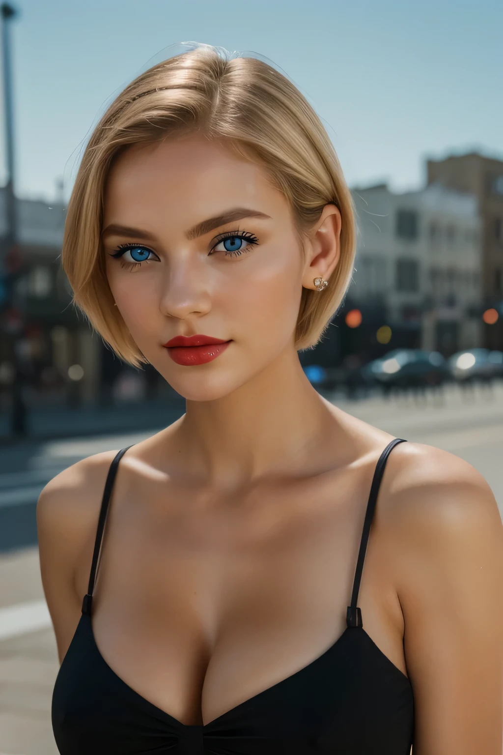 photography of a stunning girl, in the city, blue eyes portrait bright sunlight red lipstick,wearing a black skirt, enjoying, girl, summer, hot girl, (((medium bust))),blond hair, short_hair, brown hair, sky blue eyes,looks into the camera, symmetrical face, photorealistic, photography, spectacular lighting,, gorgeous, cleavage, western, (masterpice), best quality, high resolution, extremely detailed, skin with pores, blurred background, depth of field, cinematic lighting
